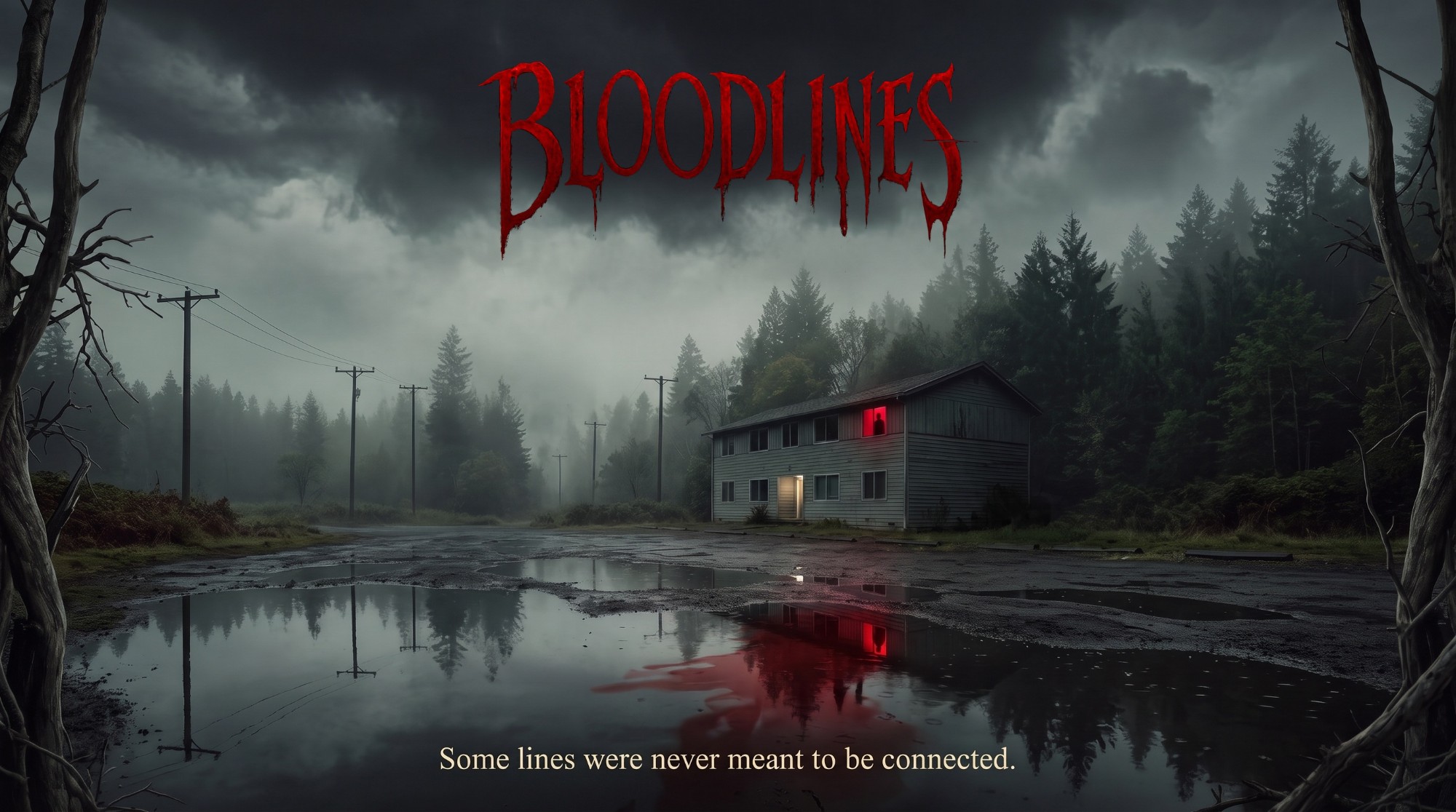 Bloodlines: a foggy road, a puddle and a lone house with a red glowing window. Some lines were never meant to be connected.